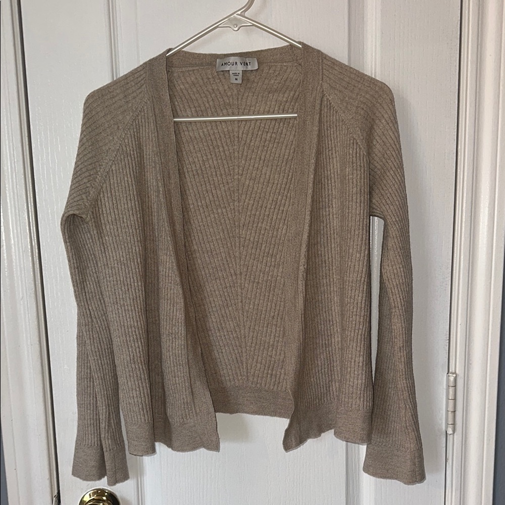 Amour Vert Light Taupe Wool Ribbed Knit Open Front Cardigan Sweater SZ Medium - Picture 1 of 10